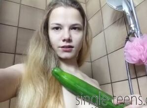 18yo lean german damsel pokes cucumber